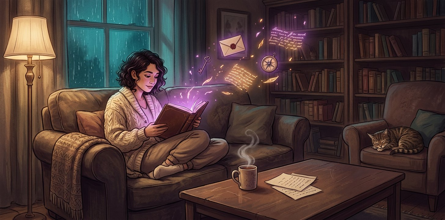 A woman reads a glowing leather book on a sofa in a dimly-lit living room. Story elements — a skeleton key, a sealed letter, a compass, drifting pages of glowing text — float from the open pages. A cat sleeps on the armchair opposite. Rain streaks the window in deep teal tones.