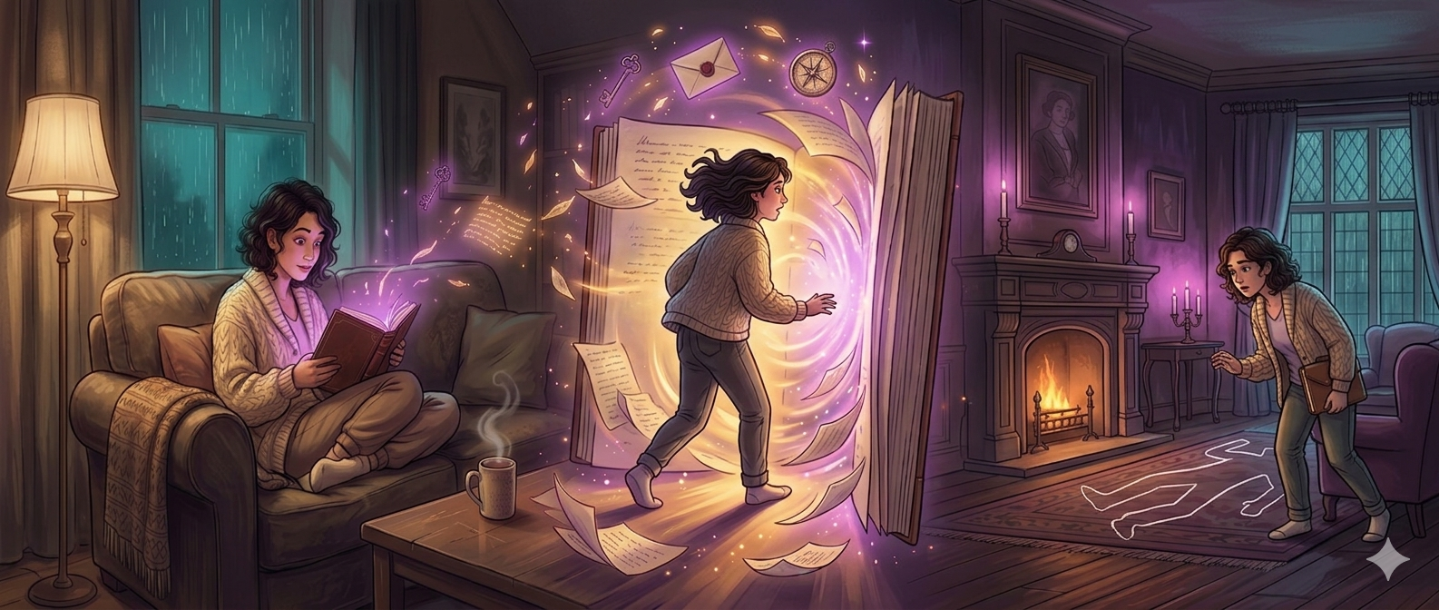 A triptych scene: on the left, the woman sits reading on her sofa as the book emits glowing purple light. In the centre, she steps through a portal of swirling pages with a trail of amber sparkles. On the right, she emerges into the candlelit manor drawing room beside a chalk outline on the floor.